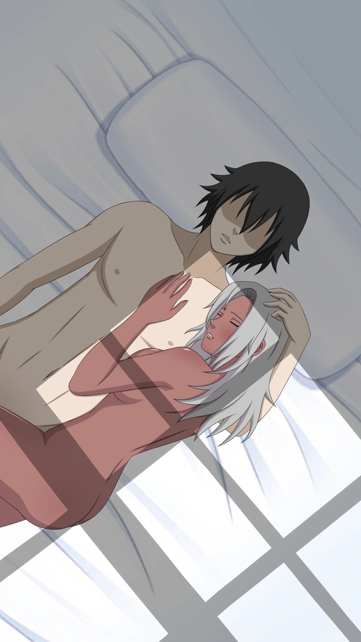 1boy 1girls after_sex alternate_hairstyle anon ass big_ass big_breasts black_hair blush breasts brown_skin closed_eyes completely_nude cuddling duo_focus dutch_angle female from_above hair_down hair_over_eyes head_on_pillow head_pat hi_res interracial long_hair lying_on_back lying_on_bed lying_on_person lying_on_side mabui male mature_female naruto naruto_(series) naruto_shippuden nude pillow short_hair sideboob smilingdog under_covers upper_body viewed_from_above white_skin