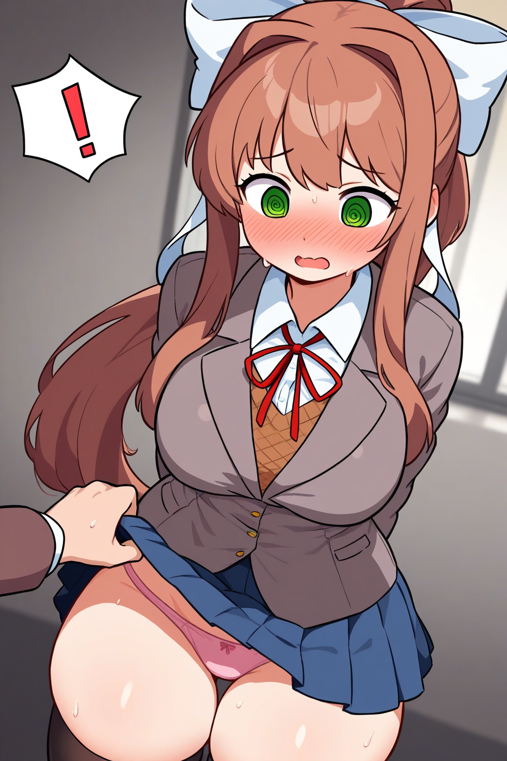 1boy 1girls ai_generated anonymous_artist doki_doki_literature_club embarrassed lifted_by_another looking_down male_pov mc_(doki_doki_literature_club!) monika_(doki_doki_literature_club) panties pervert pov school_uniform skindentation skirt_lift solo_focus thick_thighs thighhighs underwear