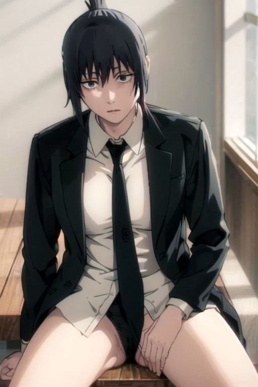 1girls ai_generated black_eyes black_hair black_necktie black_panties bottomless breasts chainsaw_man genderswap genderswap_(mtf) hayakawa_aki indifferent legs_open legs_spread looking_at_viewer looking_up medium_breasts ponytail rule_63 shirt sitting sitting_on_table solo sunlight table topknot white_shirt