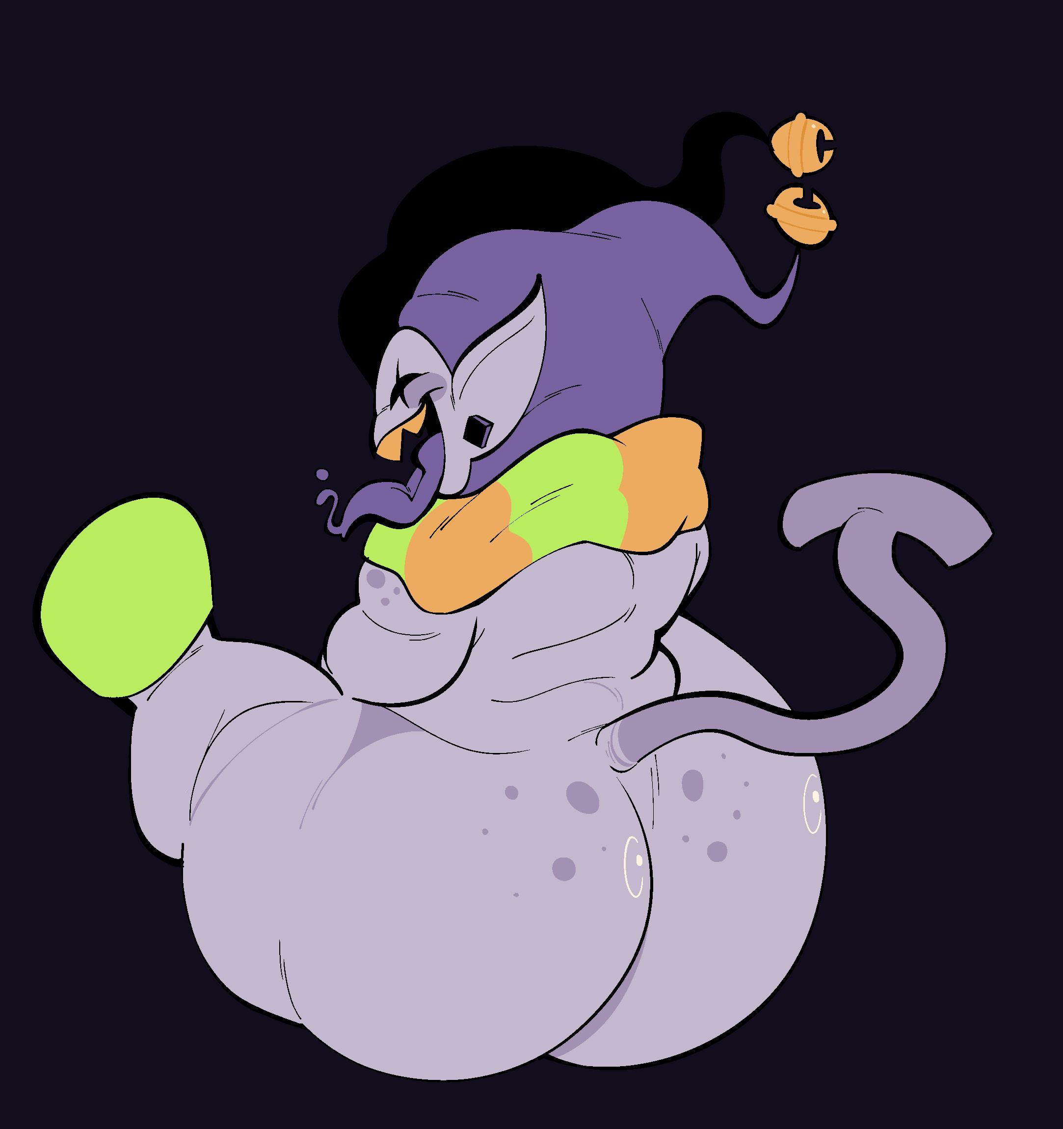 1boy, ass, big ass, big butt, clothing, darkner, deltarune, earring, fizzooka, fool's hat, freckled butt, freckles, freckles on ass, hat, headgear, headwear, hi res, humanoid, imp, jester, jevil (deltarune), long tongue, looking away from viewer, male, male only, mouth open, pointy ears, sharp teeth, short stack, slightly chubby, smile, solo, tail, teapot (body type), teeth, tongue, tongue out, undertale (series), yellow teeth