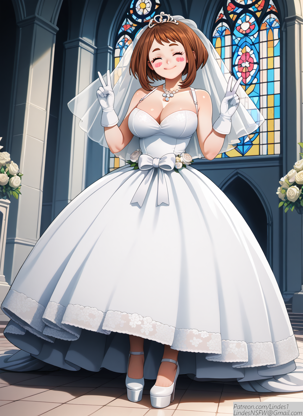 ai_generated big_breasts bridal_gloves bridal_tiara bridal_veil bride cleavage high_heels lindes1 lingerie my_hero_academia stiletto_heels stripper_heels uraraka_ochako wedding_dress wedding_tiara wedding_veil white_high_heels