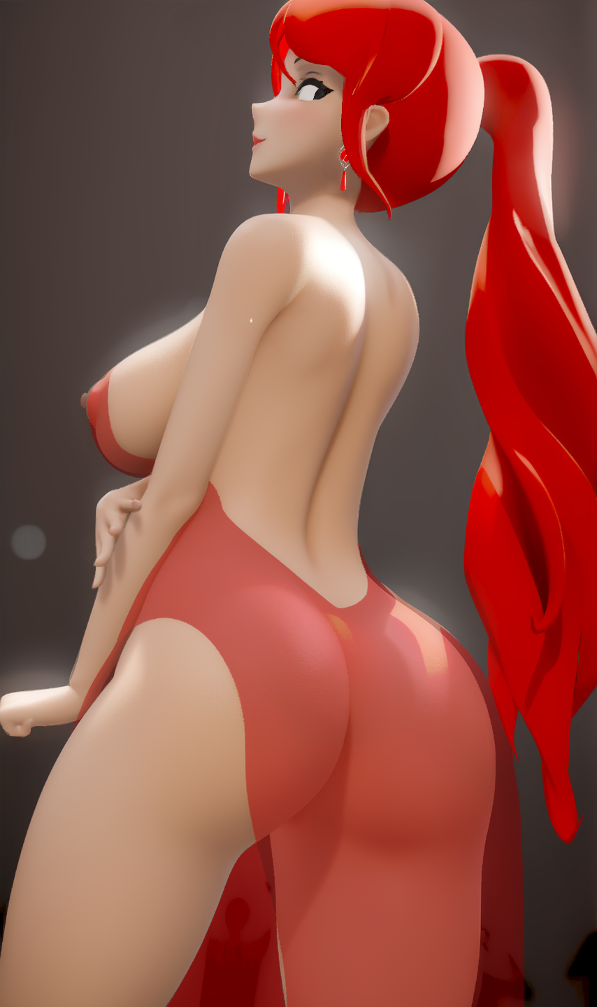 3d_model ass back_view breasts green_eyes heavenly_ass jic_jic large_breasts looking_at_viewer nipples pyrrha_nikos red_clothing red_dress red_hair rwby seductive_pose see-through_clothing transparent_clothing