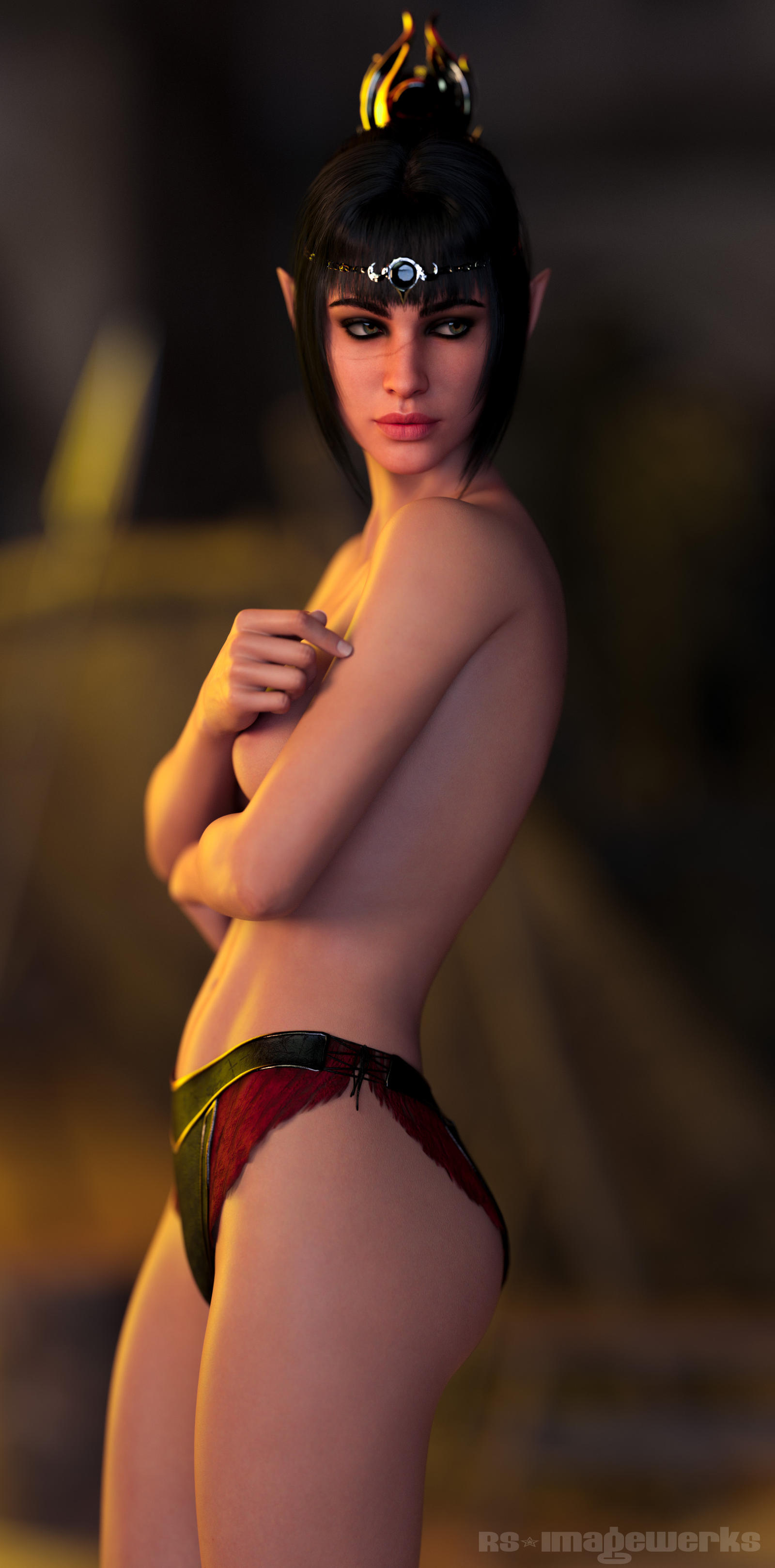 1girls 3d ass baldur's_gate baldur's_gate_3 black_hair covering_breasts dungeons_and_dragons female_only half-elf medium_breasts panties panties_only ponytail red_panties rs-artwerks shadowheart solo topless