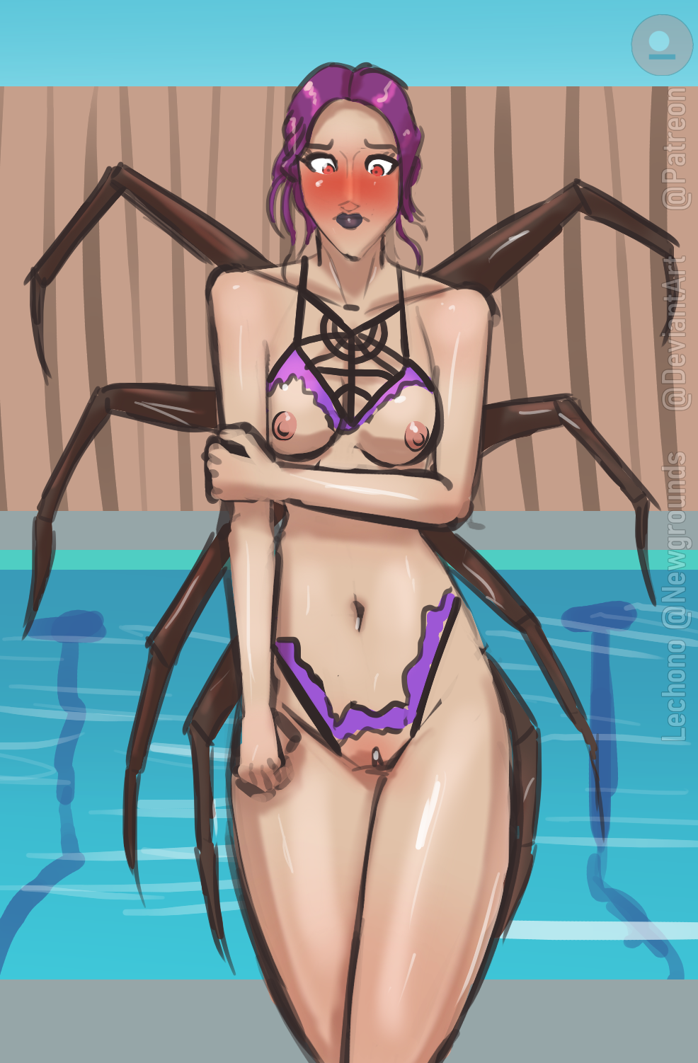 blush breasts breasts_exposed destroyed_clothing embarrassed_nude_female enf female lechono oc one-piece_swimsuit prin_the_predator pussy pussy_exposed ripped_clothing shaved_pussy spider_girl spider_legs torn_clothes torn_swimsuit