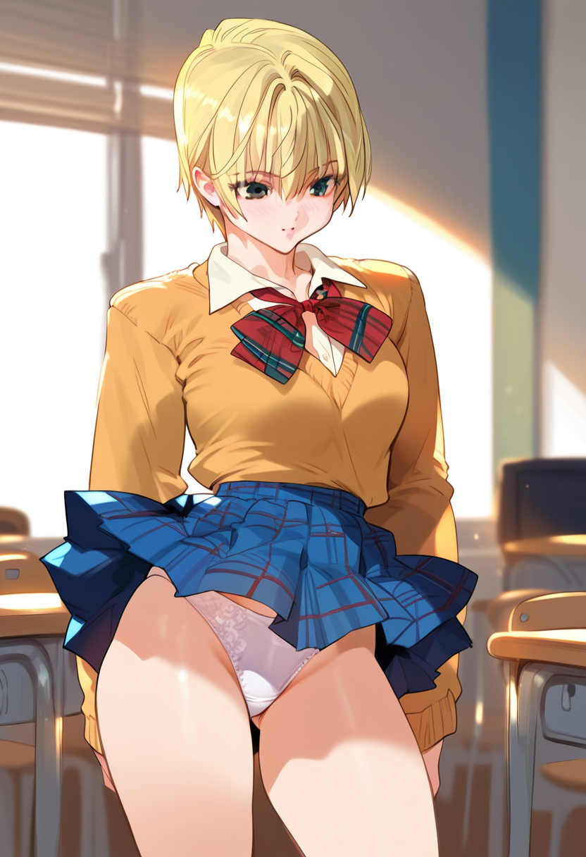 ai_generated big_breasts blonde_hair female female_focus female_only ichigo_100_percent indoors nishino_tsukasa panties school_uniform short_hair skirt solo solo_female solo_focus tagme