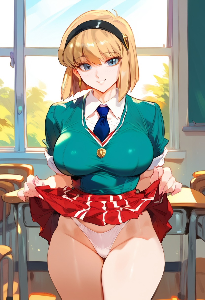 2d ai_generated big_breasts blonde_hair bob_cut female female_focus female_only indoors jigoku_sensei_nube miki_hosokawa necktie school_uniform short_hair skirt_lift solo solo_female solo_focus tagme