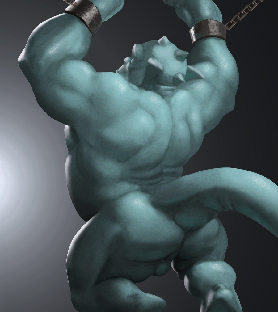 1boy ass balls bara bondage brass_(artist) broadway_(gargoyles) chains chubby color disney from_behind gargoyles male male_only muscles solo testicles