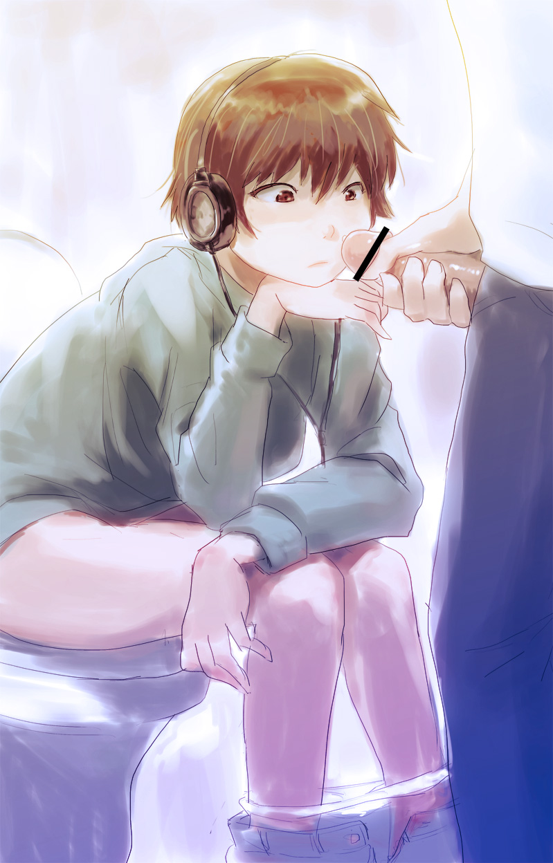 1boy bathroom blush borusen brown_eyes brown_hair censored female headphones highres masturbation original panties panty_pull penis short_hair sitting solo_focus toilet toilet_use underwear