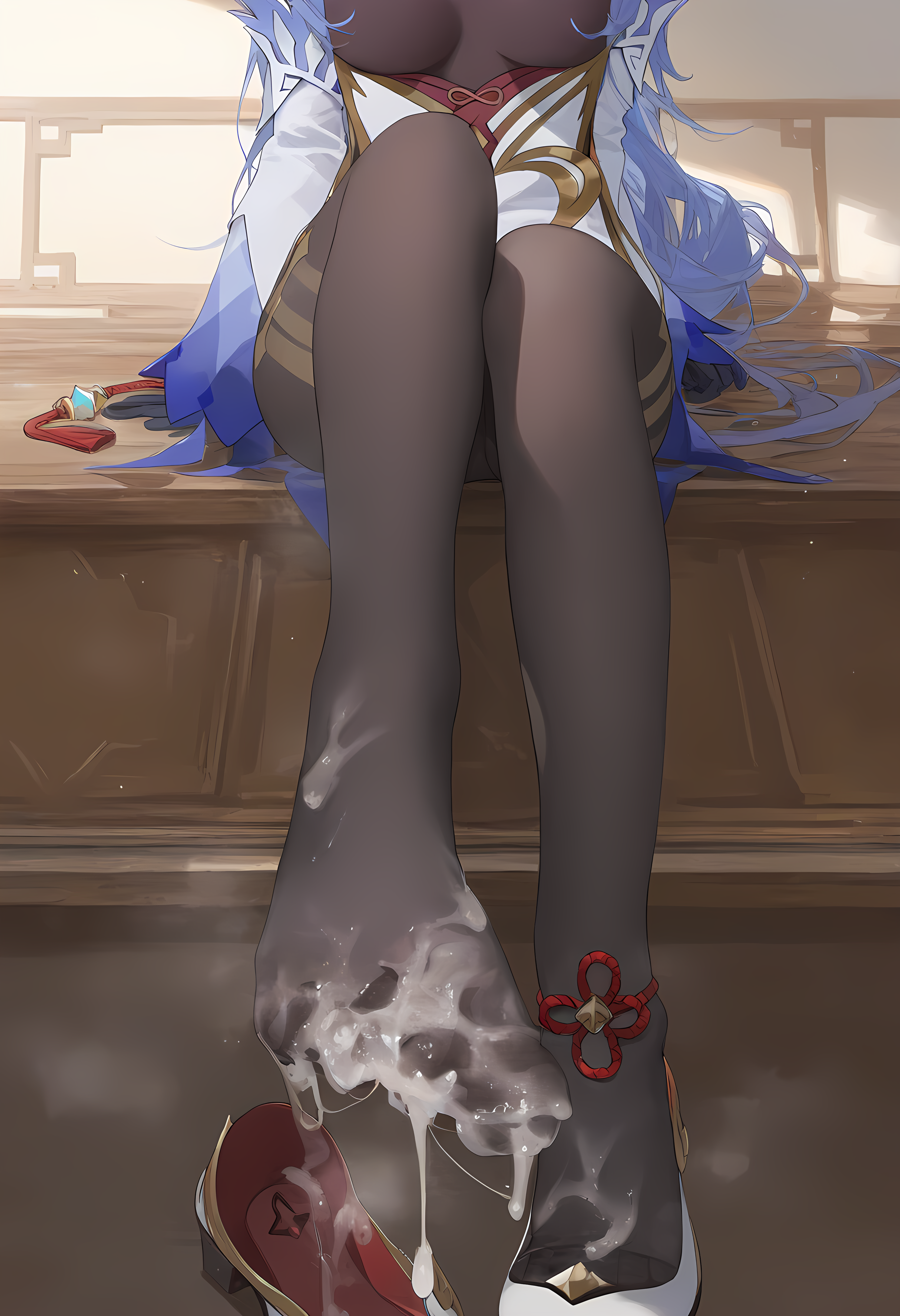 1girls, breasts, clothed, cum, cum on feet, cum on heels, feet, female, femdom, foot focus, ganyu (genshin impact), genshin impact, high heels, leca, legwear, sitting