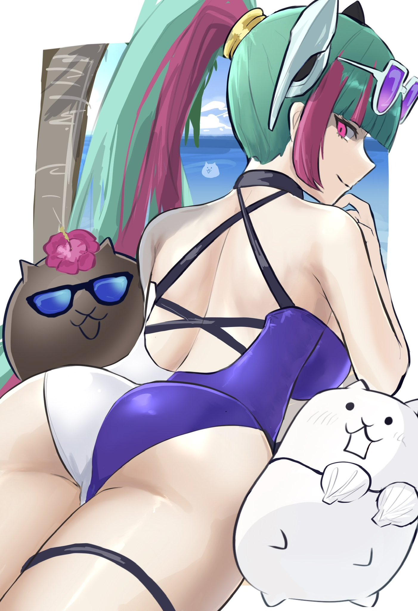 1girls ass beach blush breasts cat_(battle_cats) collar color digital_media_(artwork) feline female female_focus flower galaxy_gals green_hair grin hair_ornament human large_breasts light_skin lilin_(battle_cats) long_hair looking_at_viewer looking_back nyanko_daisensou on_front one-piece_swimsuit open_back palm_tree pink_eyes pink_hair ponytail sed_(d4vcmk) shell_bikini sunglasses swimsuit tank_cat tanned teenager the_battle_cats thick_thighs thigh_strap thighs white_fur