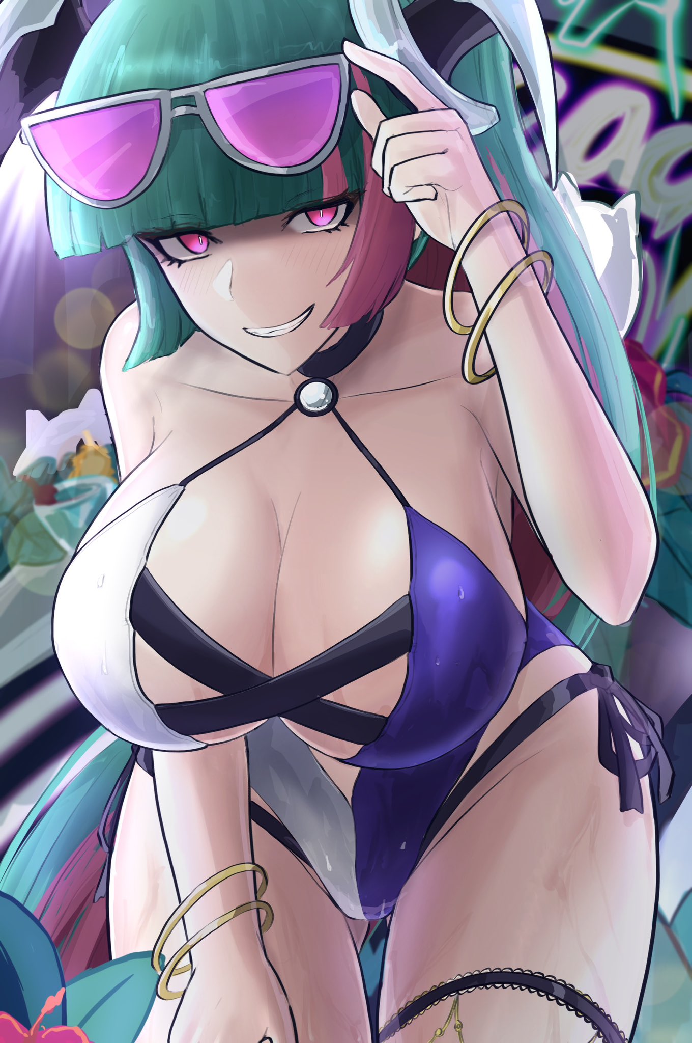 1girls adjusting_glasses barely_clothed barely_contained belly belly_button blush breasts cocktail collar collarbone color digital_media_(artwork) extremely_long_hair firm_breasts flower galaxy_gals green_hair hair_ornament high_cut_swimsuit huge_breasts large_breasts light_skin lilin_(battle_cats) long_hair neon_lights nyanko_daisensou one-piece_swimsuit pink_eyes pink_hair ponytail sed_(d4vcmk) shoulders sunglasses swimsuit teenager the_battle_cats thick_thighs thigh_gap thigh_strap thighs wet wet_pussy wristwear