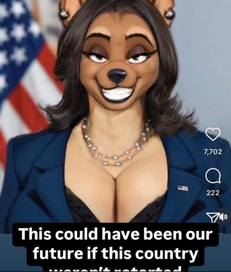 1girls american_flag anthro anthro_female anthrofied artist_request big_breasts breasts caption crystlclr404 dialogue female female_only grin grinning hyena kamala_harris kamala_harris_(hyena) lustful_gaze meme politics real_life real_person slur social_media tagme_(artist) text tiktok