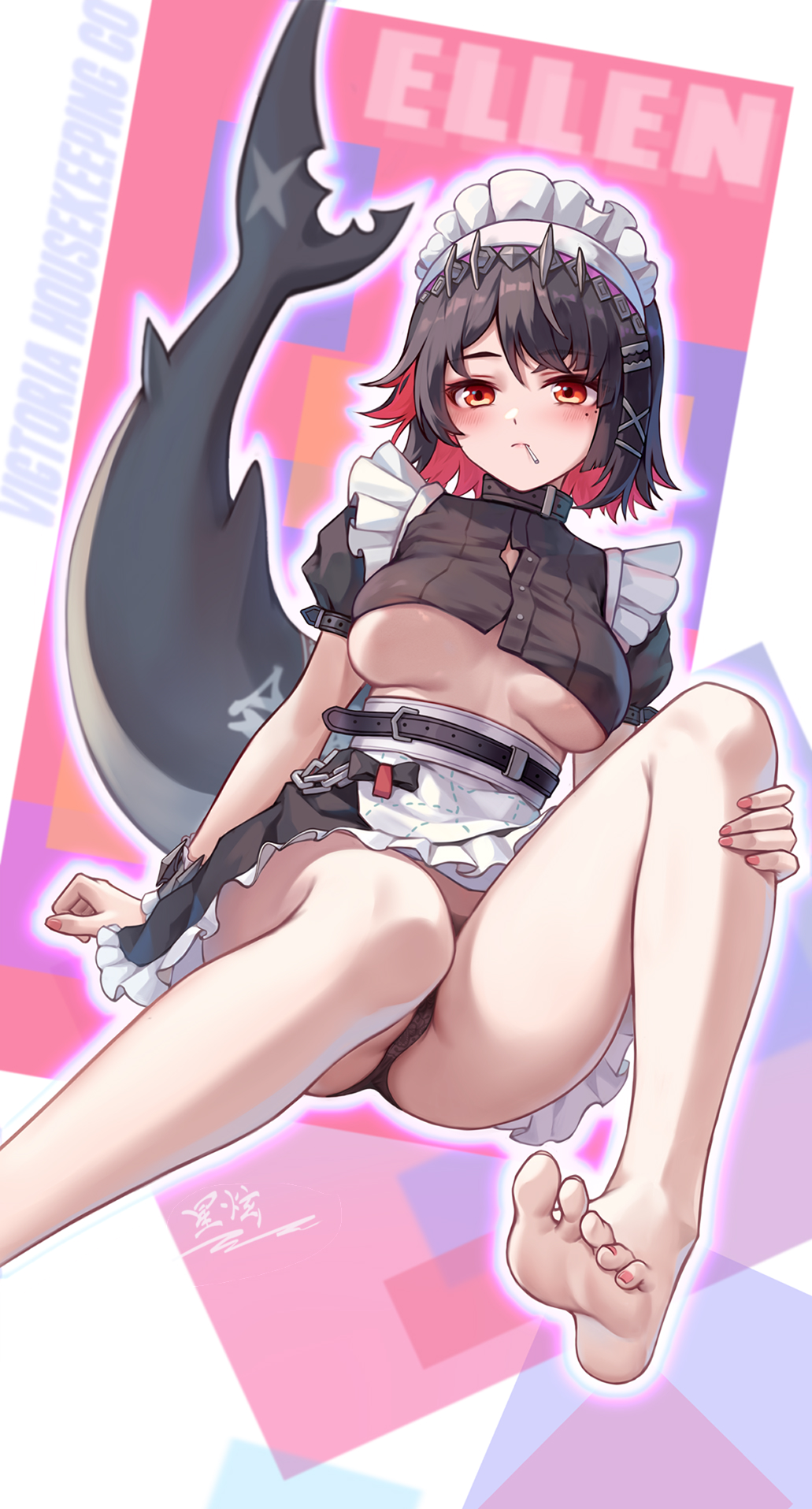 barefoot black_hair black_panties black_skirt breasts candy character_name crop_top ellen_joe feet female fins fish_tail food food_in_mouth highres large_breasts lollipop maid maid_headdress multicolored_hair no_shoes panties red_eyes red_hair shark_girl shark_tail short_hair skirt soles solo tail toes two-tone_hair underboob underwear yelan_xing_xuan zenless_zone_zero