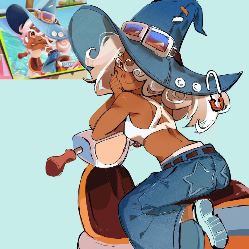 audieaudieaudie, back, bare arms, bare shoulders, belt, bikini, blue background, blue hat, blue pants, breasts, brown belt, brown eyes, brown hair, closed mouth, colored eyelashes, commentary, cookie run, cookie run kingdom, cookie run: ovensmash, criss-cross halter, curly hair, dark skin, dark-skinned female, denim, elbow rest, english commentary, female, fingernails, from behind, full body, goggles, goggles on headwear, gradient hair, hair over one eye, halterneck, hand on own cheek, hand on own face, hand up, hat, highres, humanization, jeans, large hat, latte cookie (cookie run), long hair, looking at viewer, looking back, moped, motor vehicle, multicolored hair, one eye covered, pants, paperclip, pointing, pointing at self, reference inset, safe, sfw, simple background, sitting, small breasts, smile, solo, star (symbol), star print, swimsuit, turning head, white bikini, white eyelashes, white hair, witch hat