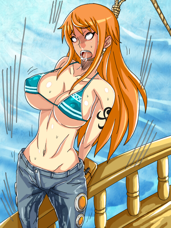 arm tattoo, asphyxiation, bakushi (guroya), bikini, bikini top, black tattoo, breasts, brown eyes, cleavage, clothing, female, female only, hanged, huge breasts, human, jeans, long hair, nami (one piece), noose, one piece, open mouth, orange hair, orange-haired female, pants, peeing, peeing self, post-timeskip, rolling eyes, rope, solo, source request, striped bikini, swimsuit, tattoo, urination