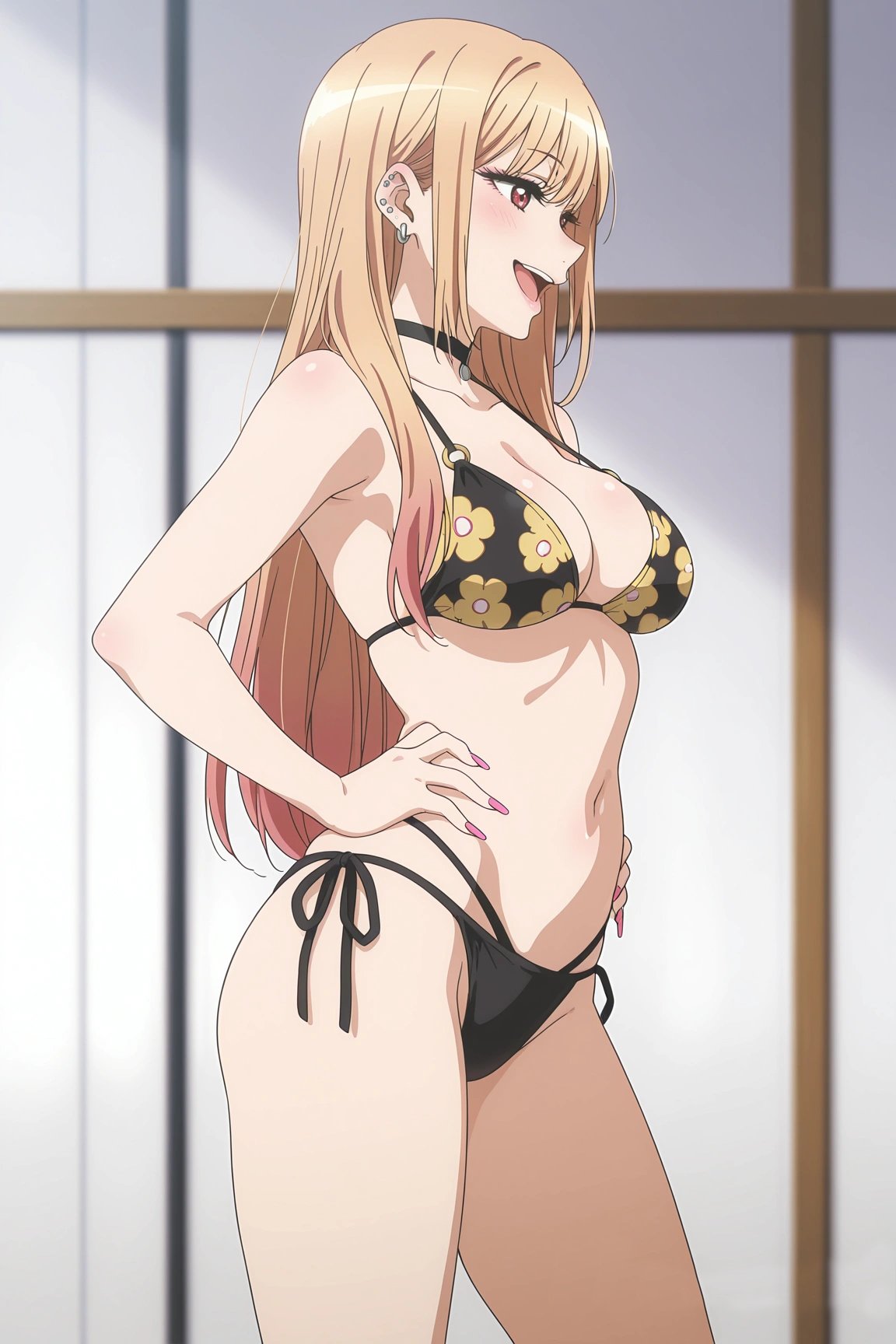 :d, 1girls, ai generated, bangs, big breasts, bikini, black bikini, black choker, blonde hair, blurry, breasts, choker, cleavage, collarbone, depth of field, ear piercing, earrings, female, female only, hand on hip, indoors, jewelry, kitagawa marin, long hair, nail polish, navel, open mouth, red eyes, side-tie bikini, smile, solo, sono bisque doll wa koi wo suru, standing, swimsuit