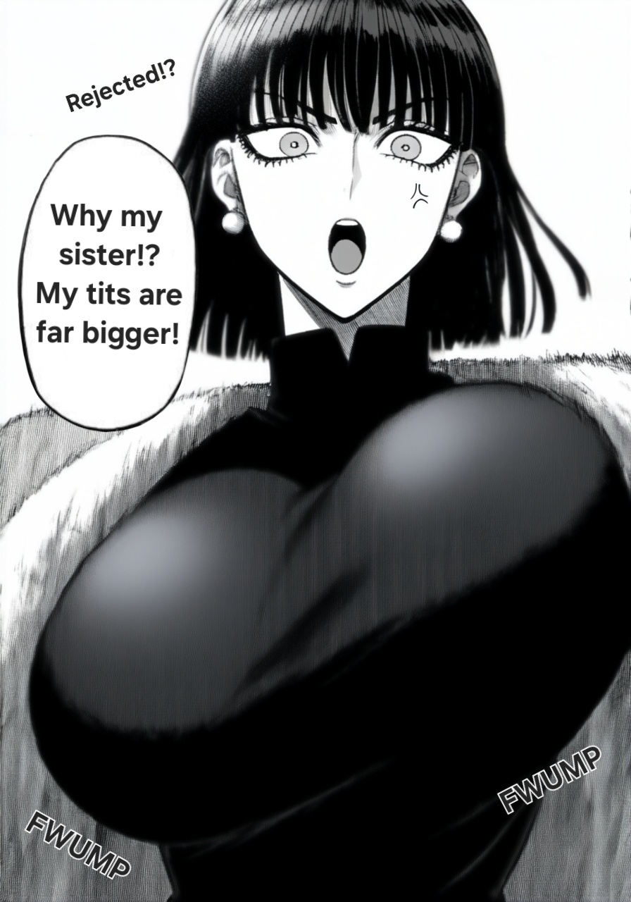 ai_generated anger_vein angry asymmetrical_breasts big_breasts big_breasts black_and_white black_hair bob_cut bouncing_breasts caption clothed clothed_breasts clothed_female dress earrings fubuki_(one-punch_man) fur fur_coat huge_breasts large_breasts one-punch_man rejected short_hair speech_bubble text tight_clothes tight_clothing