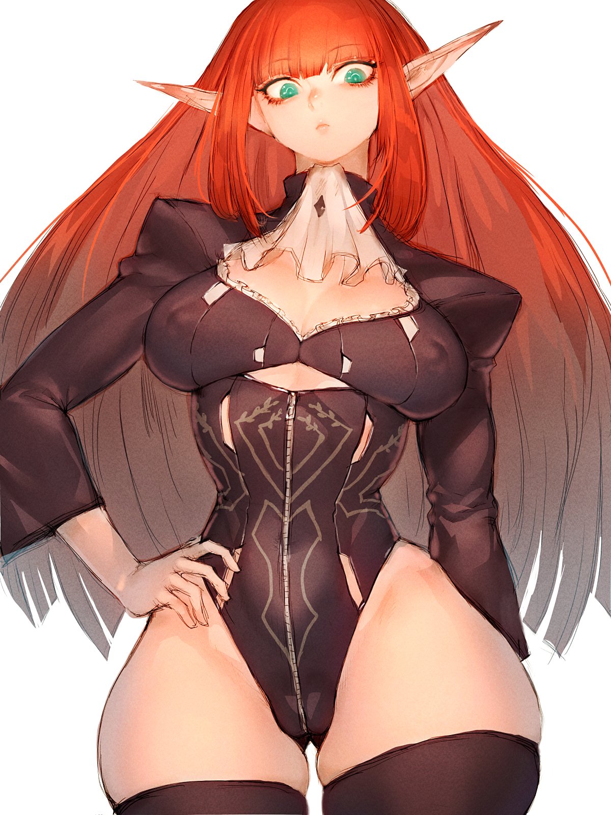 1girls atlus bangs big_breasts blue_eyes busty child_bearing_hips clothed eiselin_hulkenberg elf elf_ears elf_female female female_only fumio_(rsqkr) hand_on_hip hips knife_ears metaphor:_refantazio mostly_clothed nipple_bulge pointy_ears red_hair revealing_clothes sharp_ears thick thick_thighs thigh_gap thigh_highs thighhighs thighs wide_hips