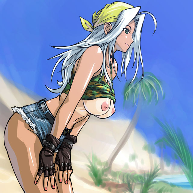 1girls bandana belt bent_over breasts curvy denim denim_shorts erect_nipples female female_only fingerless_gloves gloves guilty_gear jeans jellyfish_pirates jewelry large_breasts long_hair michael_f91 nail_polish necklace nipples no_bra nude oasis oasis_(guilty_gear) shirt_lift shorts tan tanline undressing white_hair