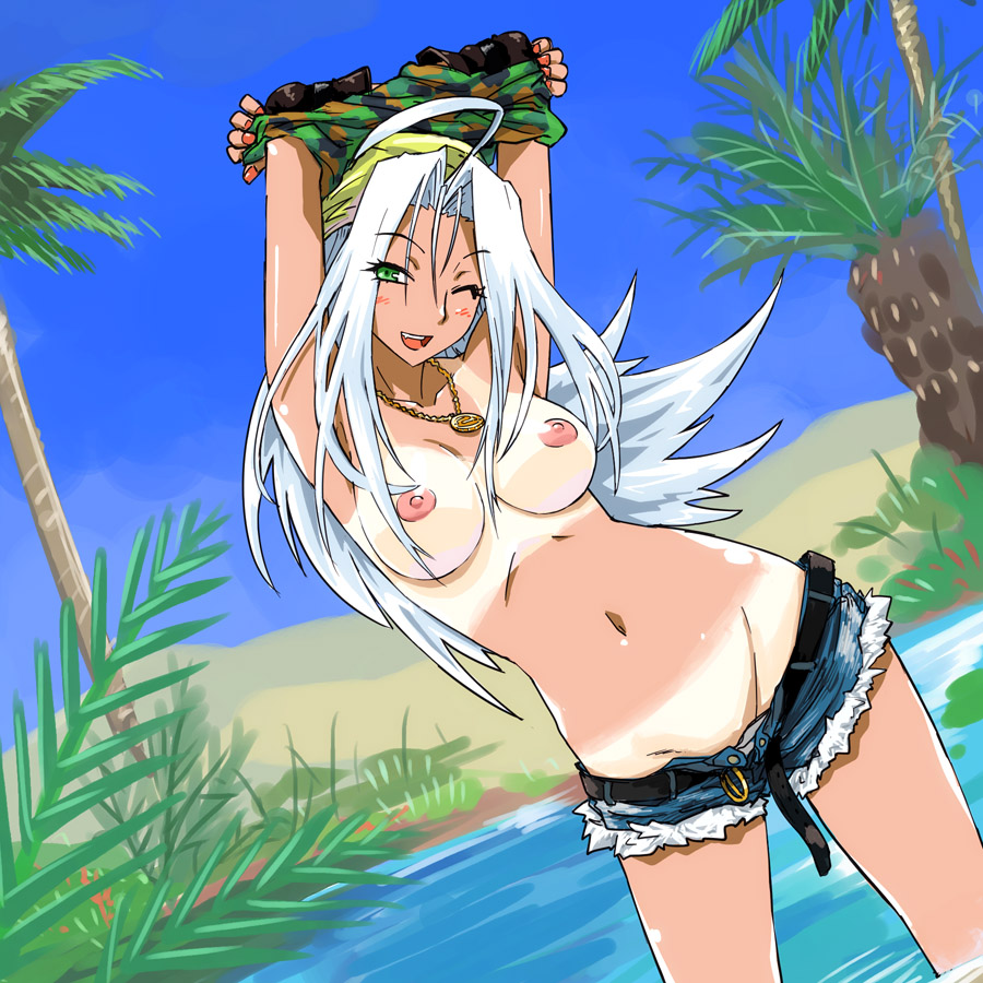 1girls arms_up belt breasts camouflage curvy denim denim_shorts erect_nipples female female_only green_eyes guilty_gear jeans jellyfish_pirates jewelry large_breasts long_hair michael_f91 necklace nipples no_bra no_panties nude oasis oasis_(guilty_gear) shirt_lift shorts shorts_down smile solo tan tanline topless tree undressing water white_hair wink