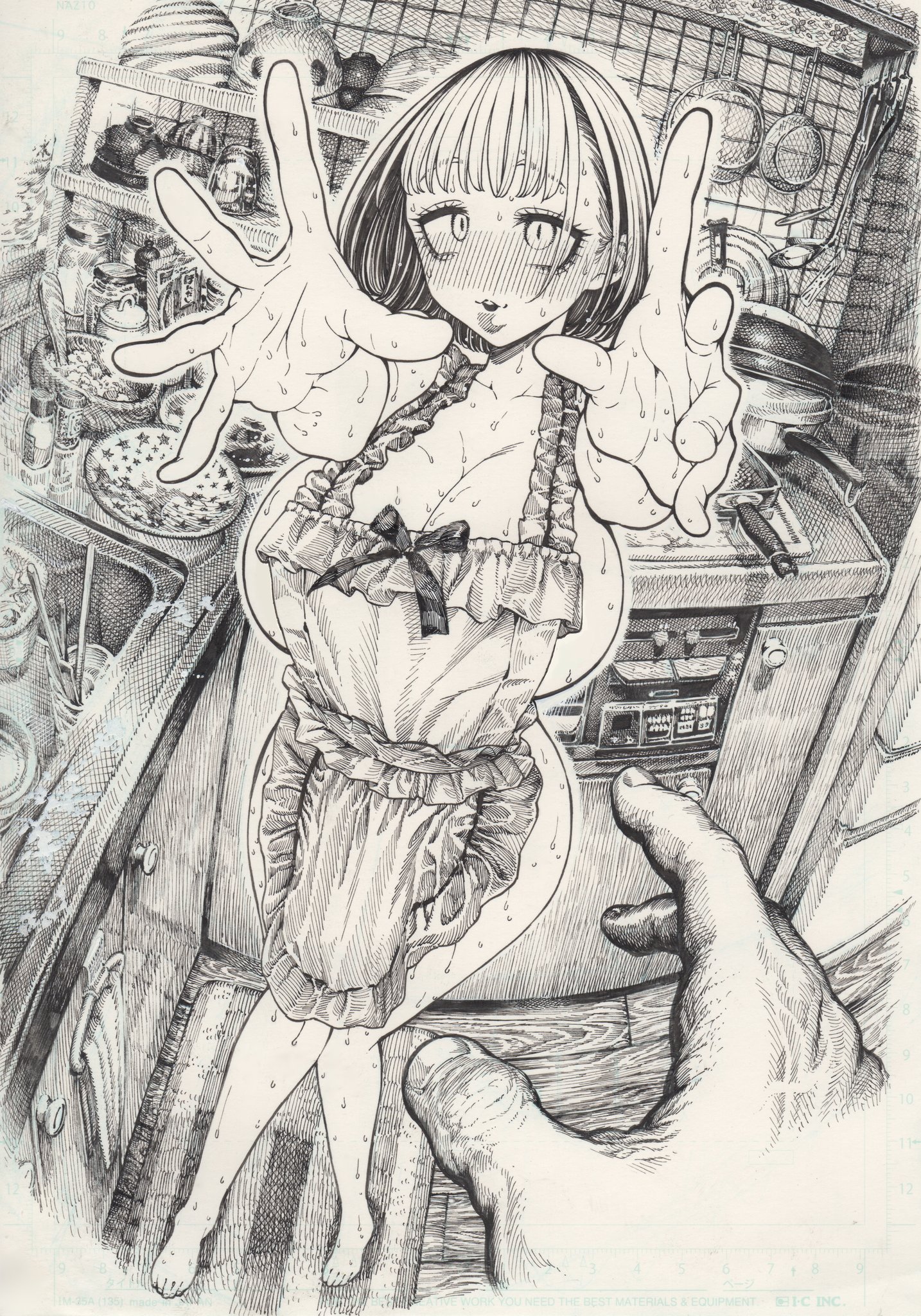 apron, bangs, barefoot, blunt bangs, blush, breasts, cleavage, covered nipples, female, fingernails, fisheye, frying pan, greyscale, hatching (texture), hirune (imomonono), huge breasts, indoors, kitchen knife, large breasts, looking at viewer, monochrome, naked apron, open mouth, outstretched arms, parted lips, pov, pov hands, reaching towards viewer, short hair, sink, solo focus, standing, stove, sweat, sweatdrop, traditional media, traditional media (artwork)