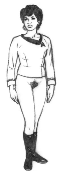 1girls boots bottomless female female_only high-heeled_jill hoop_earrings human monochrome nyota_uhura pubic_hair sketch solo solo_female star_trek star_trek_the_original_series starfleet_insignia starfleet_uniform