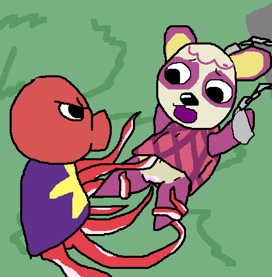 animal_crossing anthro chains female furry interspecies nintendo octavian_(animal_crossing) octopus open_mouth outside panda pinky_(animal_crossing) shirt straight_hair tentacle tentacle_around_leg