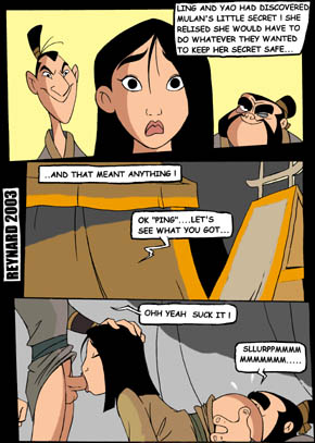 1girls 2003 2boys balls blackmail comic disney disney_princess fa_mulan female female_focus human ling_(mulan) male mmf_threesome mulan penis rape reynard sex straight testicles threesome yao_(mulan)