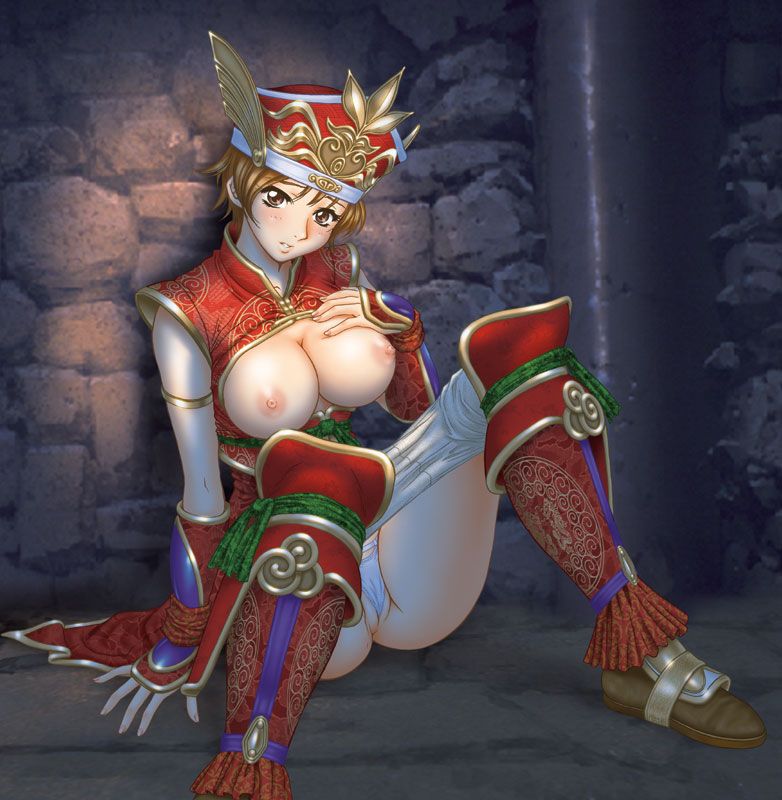 armor beige_skin breasts brown_eyes brown_hair clothes color crown dynasty_warriors female female_only footwear front_view hair hat human lu_xun nipples open_eyes panties pussy rule_63 short_hair sitting tagme vulva