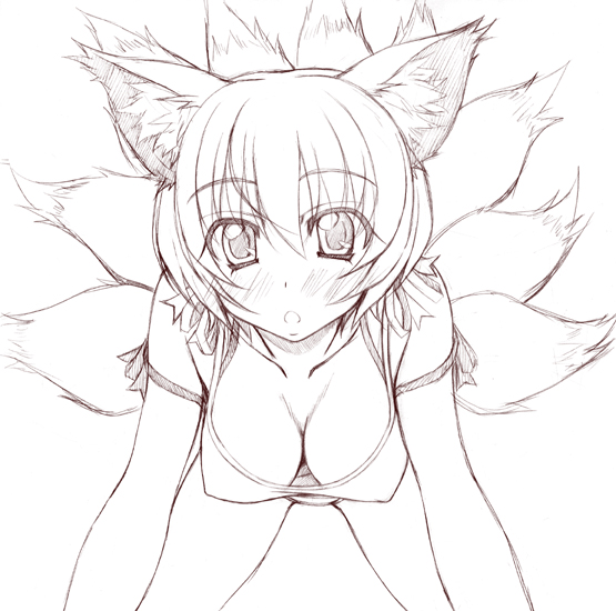 1girls :o all_fours alternate_costume animal_ear bangs bent_over blush breasts cleavage contemporary down_blouse erect_nipples female fox_ear fox_tail greyscale large_breasts looking_at_viewer monochrome multiple_tails open_mouth ran_yakumo ribbon short_hair simple_background sin-go sketch solo star stare tail touhou white_background