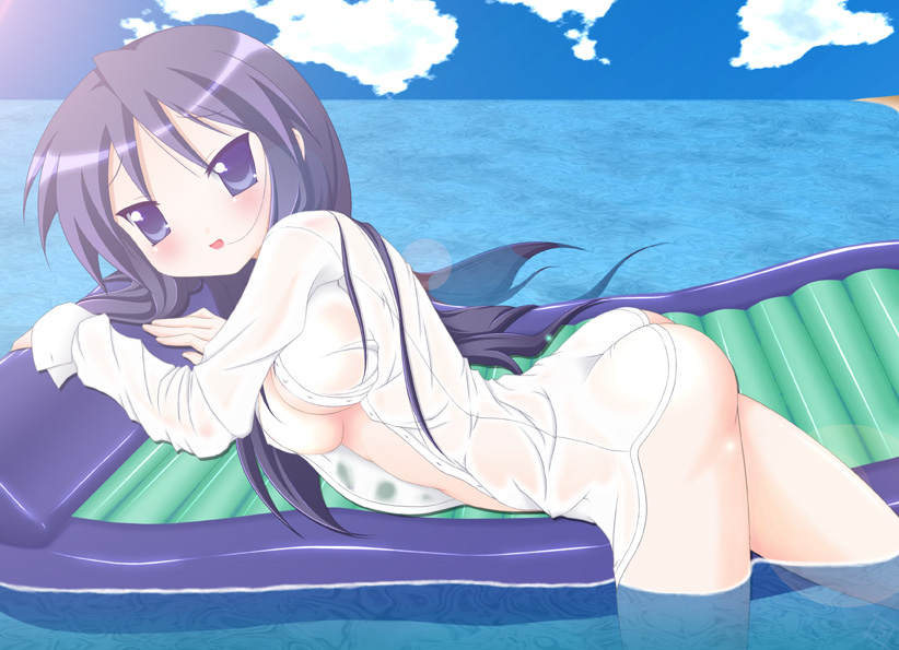 bottomless female female_only hiiragi_miki human lucky_star miki_hiiragi milf open_clothes open_shirt rodori_gesu shirt solo wet_clothes wet_shirt