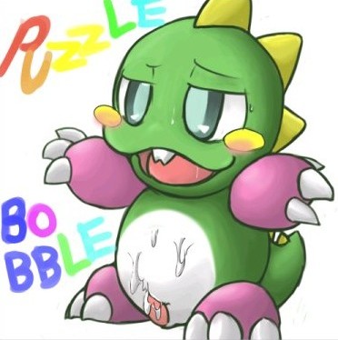 anthro blush blush_stickers bub_(bubble_bobble) bubble_bobble claws copyright_name cum_on_body dragon furry green_scales male male_only open_mouth penis puzzle_bobble taito