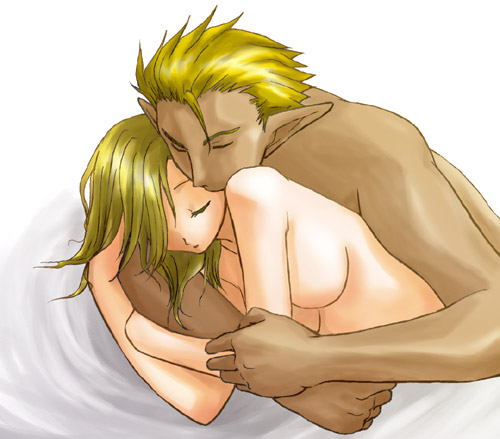 blonde_hair boku_to_maou couple eyes_closed hetero hug large_breasts okage okage_shadow_king pointy_ears rosalyn short_hair sleeping straight white_background