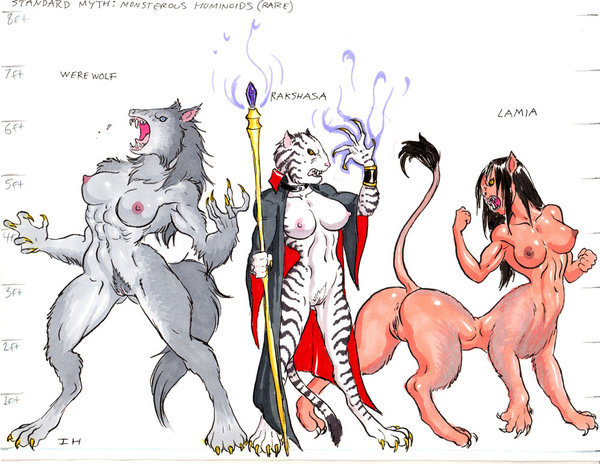 3girls anthro black_stripes claws dungeons_&_dragons female female_only fur grey_fur lamia lvl9drow multiple_girls mythology nipples pussy rakshasa tail werewolf werewolf_girl white_fur wizards_of_the_coast