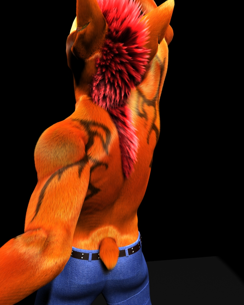 10s 1boy 2012 3d 3dsmax anthro back back_view bandicoot belt black_background crash_(series) crash_bandicoot crash_mind_over_mutant fur gay jean_shorts jeans male male_only marsupial orange_fur red_hair safe shorts solo spexwulf tail tattoo tattooed_arm video_games