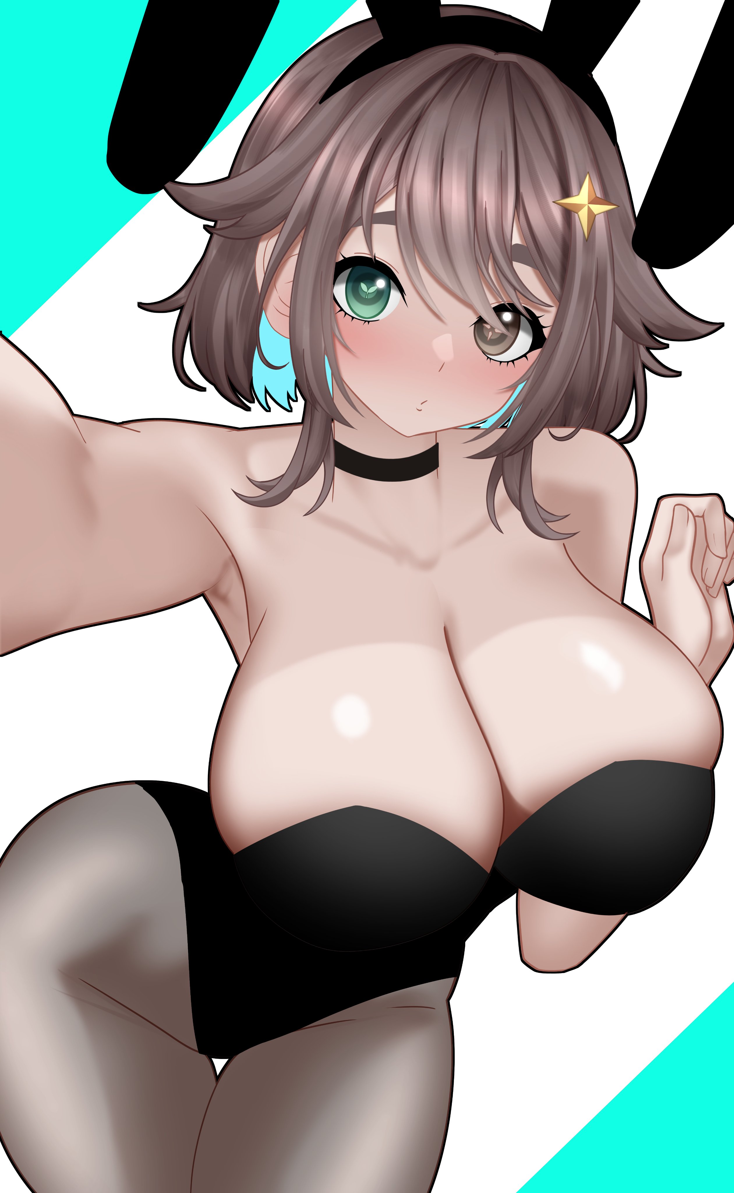 breasts, brown hair, bunny ears, bunnysuit, female, large breasts, meica, n4hkz, short hair, virtual youtuber