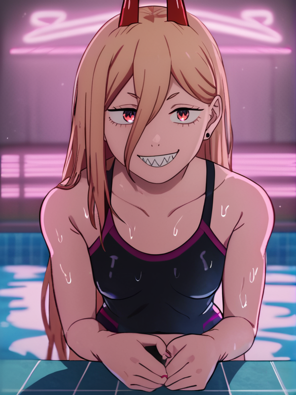 1girls ai_generated blonde_hair breasts chainsaw_man clothed devil female female_only flat_chest horn lilith_arths pointy_teeth pool power_(chainsaw_man) red_eyes red_horns smirk smirking smirking_at_viewer swimming_pool swimsuit swimwear wet_body