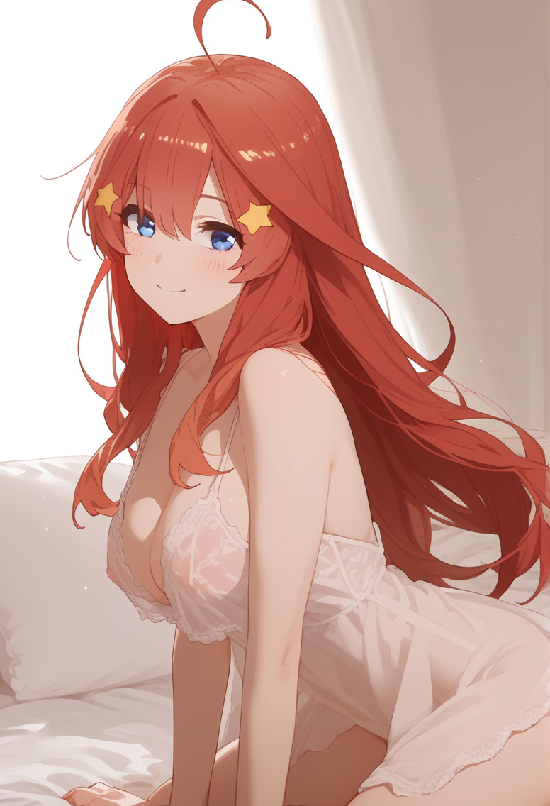 bedroom bedroom_eyes blue_eyes breasts busty go-toubun_no_hanayome intimate lingerie nakano_itsuki red_hair star_hair_ornament