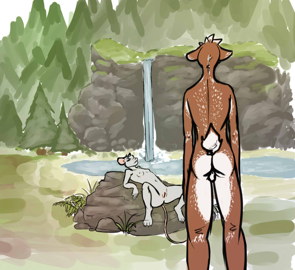 anthro ass balls beach breasts brown_fur cervine deer duo female fern forest fur furry grass male mouse nipples nude plant pool presenting pussy rock rodent sand seaside shanegdraco shore small_breasts tree waterfall
