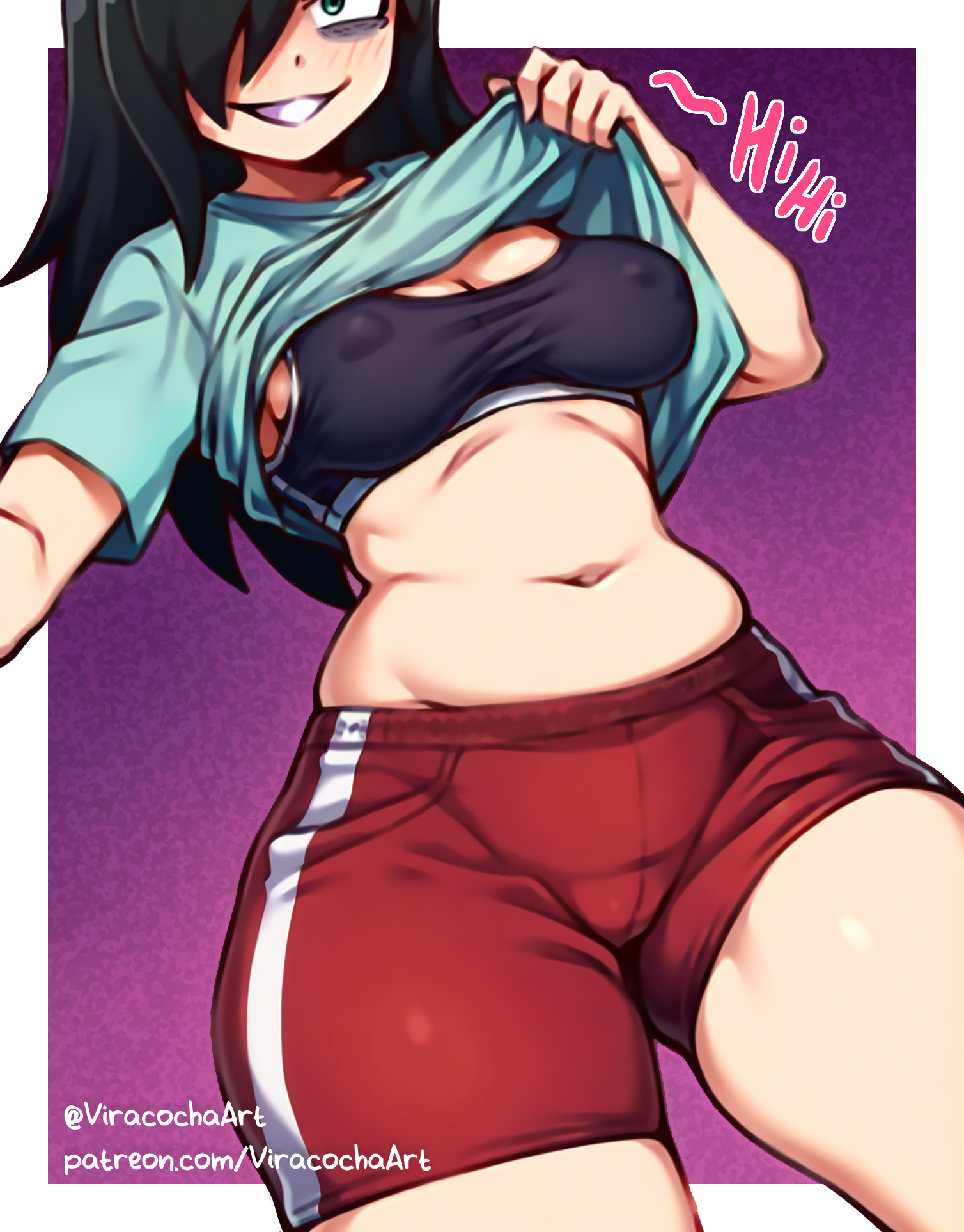 ai assisted, ai generated, ass, big ass, black hair, bra, breasts, digital drawing (artwork), female, flashing, flashing breasts, focus on ass, green eyes, kuroki tomoko, long hair, nipples visible through clothing, shorts, small breasts, underwear, viracochaart, watashi ga motenai no wa dou kangaetemo omaera ga warui!, wide hips