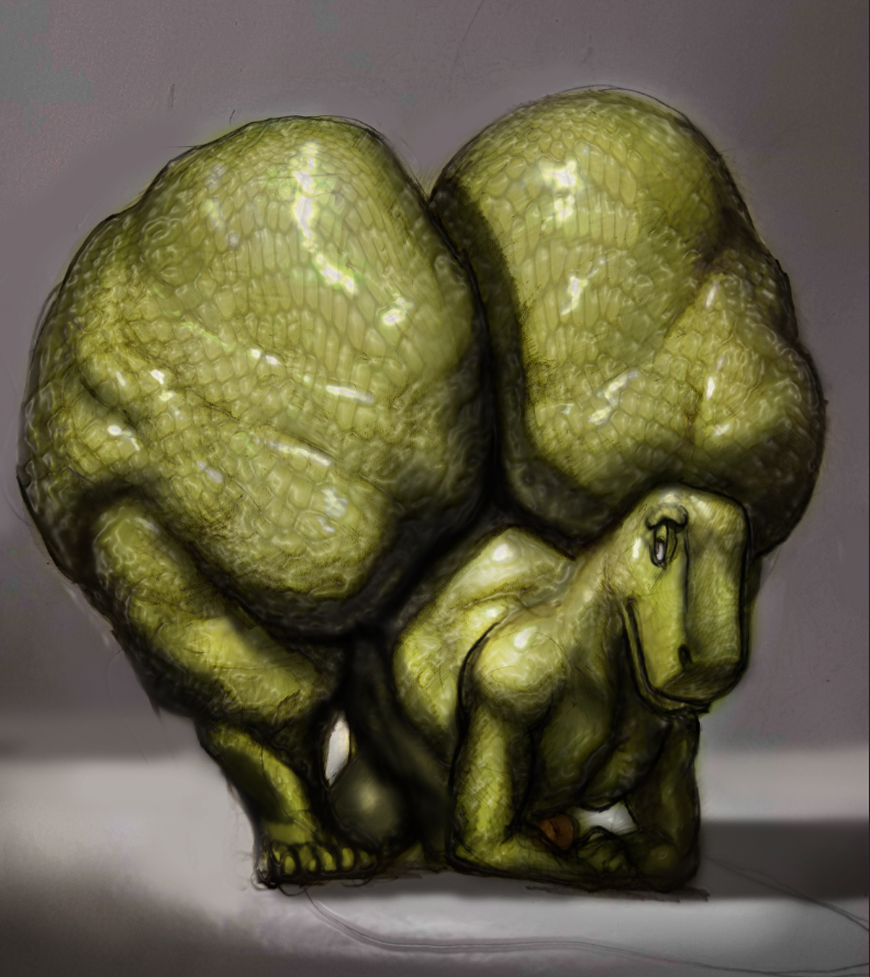 anthro ass balls big_butt bodily_fluids bongo_(bonguitoweon) cellulite dinosaur genitals hohohonse huge_butt hyper hyper_butt male oiled_body penis prehistoric_species reptile scalie solo sweat sweaty_butt theropod tyrannosaurid tyrannosauroid tyrannosaurus tyrannosaurus_rex