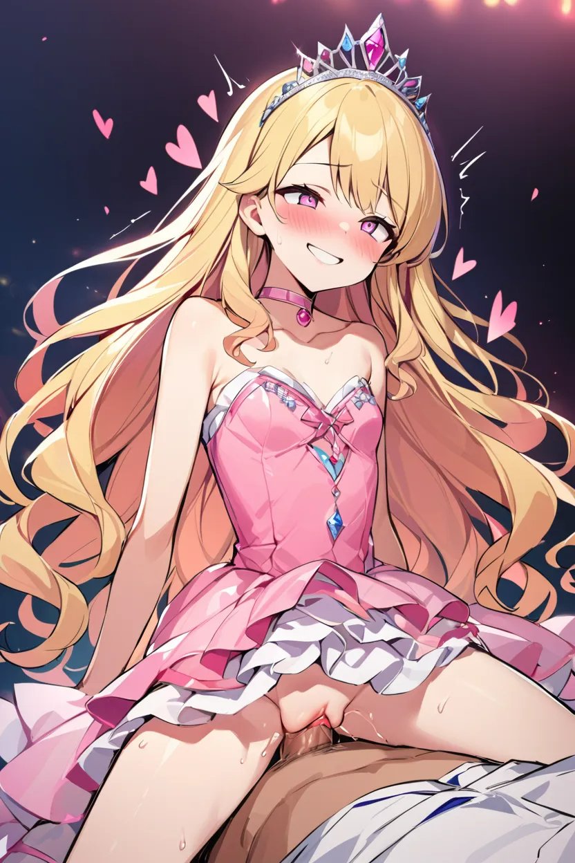 actualtrashhuman ai ai_generated blonde_hair blush clothed_sex dress hearts_around_head layered_skirt long_sleeves princess princess_dress short_dress smile tiara