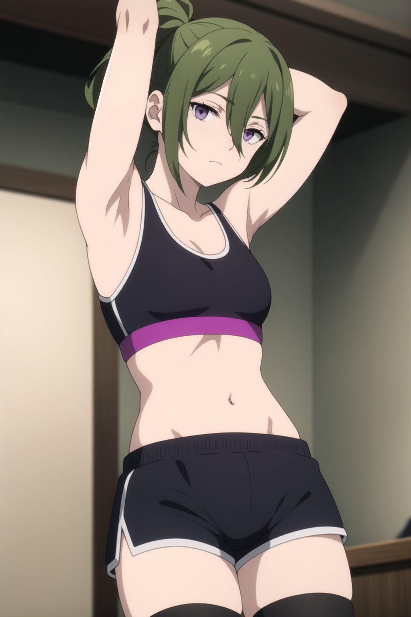 ai_generated armpits arms_up belly belly_button green_hair sousou_no_frieren sports_bra sports_shorts stomach ubel_(sousou_no_frieren) workout_clothes