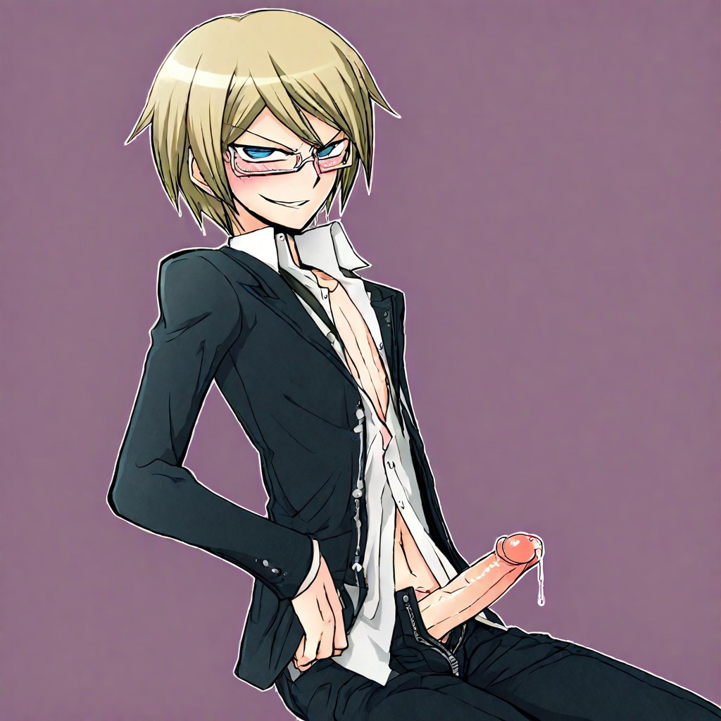 1boy ai_generated blonde_hair danganronpa erection glasses male male_only precum suit_jacket togami_byakuya