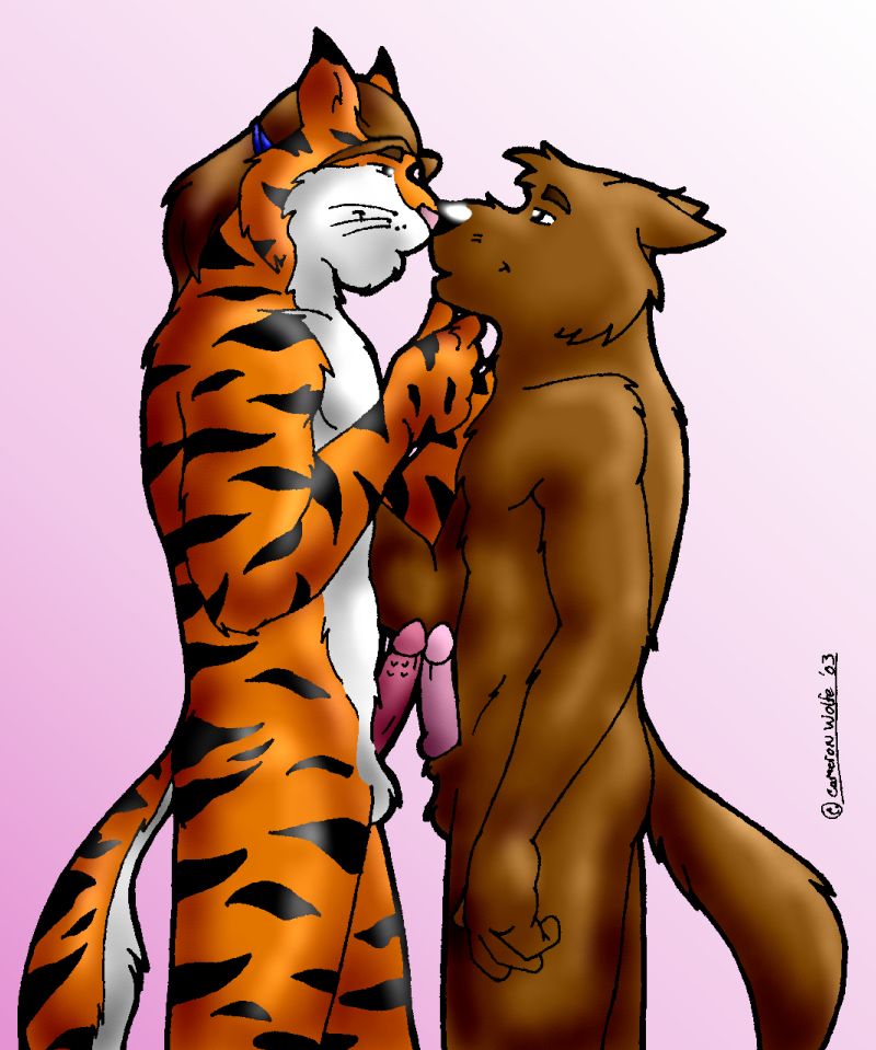 2003 anthro bear black_nose cameronwolfe erection feline fur furry gay hair interspecies long_hair love male no_humans penis pink_nose tiger