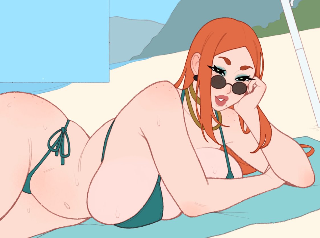 1girls, anne (rizdraws), beach, bikini, breasts, female, flat colors, jewelry, large breasts, looking at viewer, mature female, milf, mole, on elbow, on side, orange hair, original, rizdraws, sunglasses, tagme, thick thighs, voluptuous, voluptuous female, wip