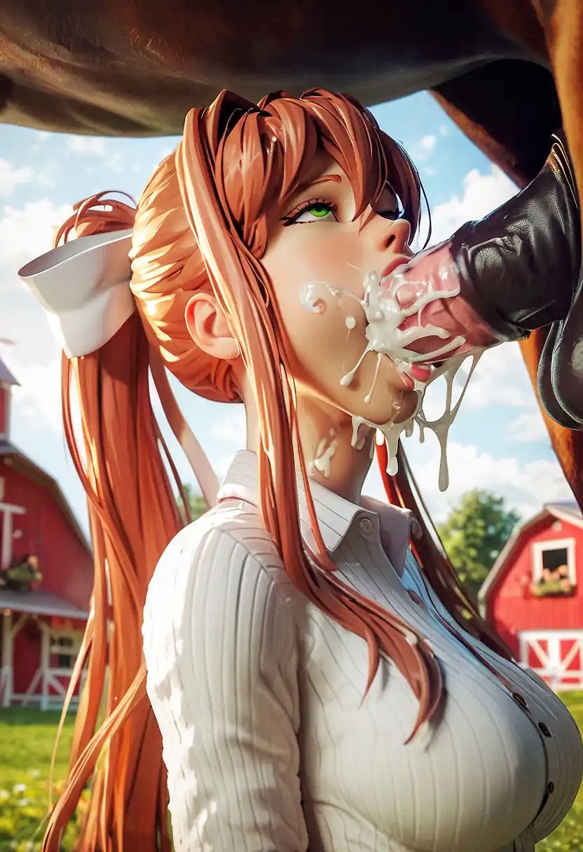 ai_generated barn blowjob doki_doki_literature_club green_eyes horse monika_(doki_doki_literature_club) tagme zoophilia