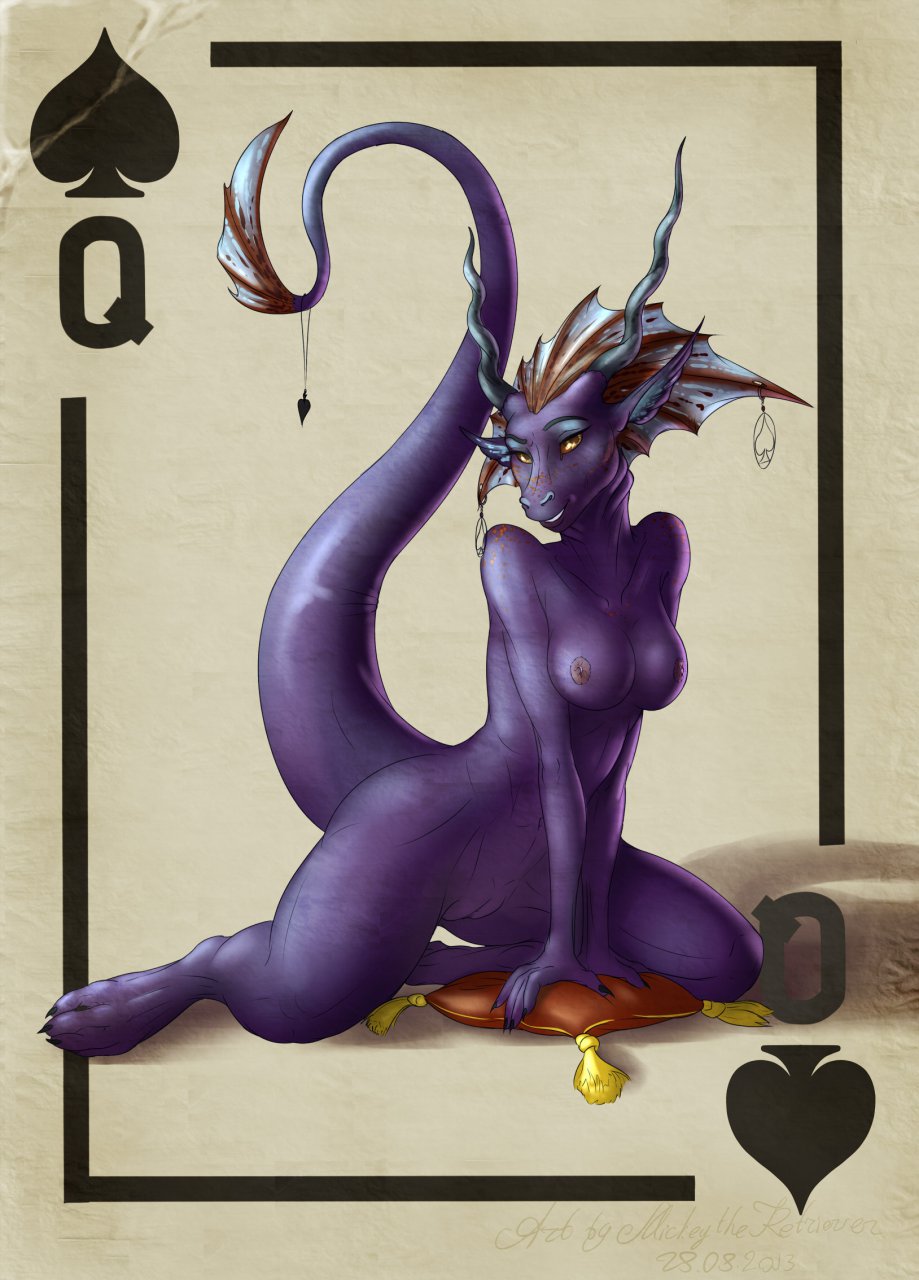 amber_eyes breasts card dragon female mickey_the_retriever nude pillow playing_card purple_skin spades