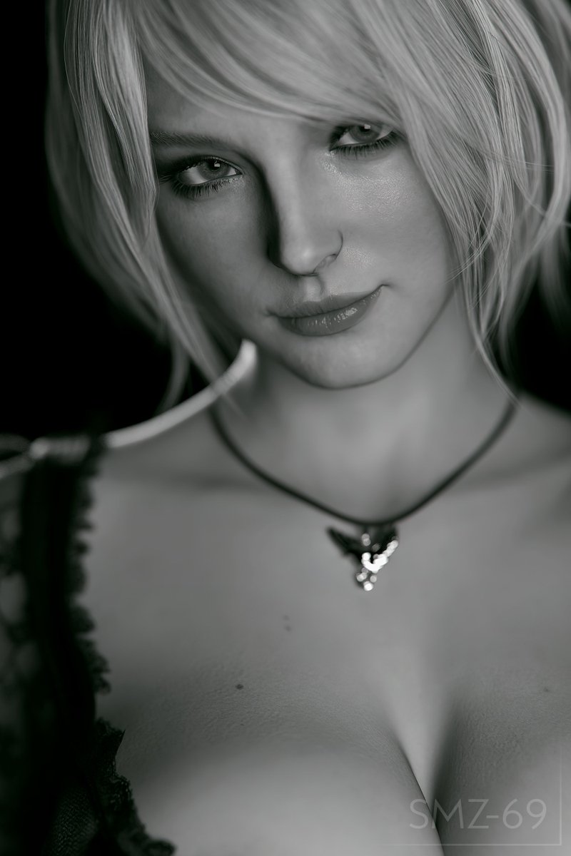 1girls 3d ashley_graham ashley_graham_(ella_freya) black_and_white black_background breasts capcom cleavage clothed clothing female female female_only light-skinned_female light_skin looking_at_viewer monochrome necklace resident_evil_4 resident_evil_4_remake short_hair smz-69 solo solo_female tagme