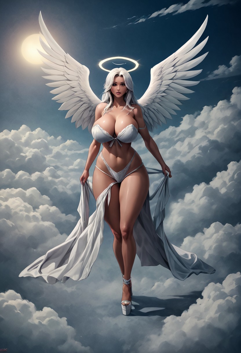 ai_generated angel angel_wings breasts female female_only halo high_heels huge_breasts legs platform_heels white_hair white_panties wings